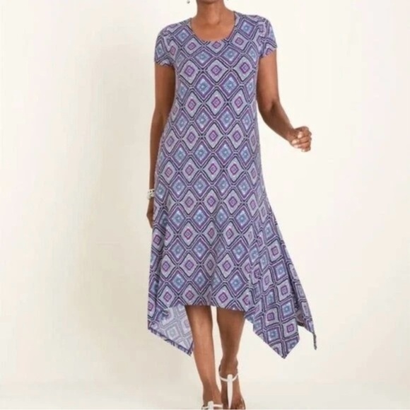 Chico's Asymmetrical Short Sleeve Stretchy Midi Dress Sz 3 Geometric Keyhole - Picture 1 of 15